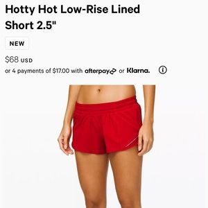 Lululemon Red Hotty Hot Low Rise 2.5 Shorts